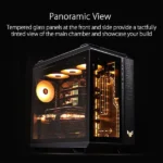 Panoramic view: tempered-glass pc case with illuminated interior and visible components