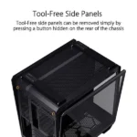 Black pc tower with tool-free side panels removed, exposing perforated side panels and interior.