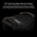 Two black tuf gaming straps with orange trim attached to a pc chassis to help move the case.