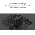 Fully modular design: panels and mounts removable for easy hardware installation, shown as an exploded 3d model.