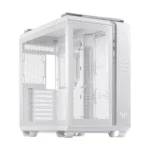 White mid-tower pc case with a transparent side panel, shown at an angle to reveal internal bays and layout.