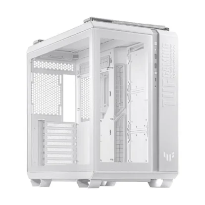 White mid-tower pc case with a transparent side panel, shown at an angle to reveal internal bays and layout.
