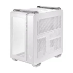 White mid-tower computer case with a transparent side panel and vented front and side panels.