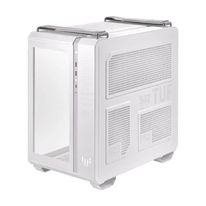 White mid-tower computer case with a transparent side panel and vented front and side panels.
