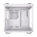 White/gray computer case with side panel removed, exposing the empty motherboard tray, drive bays, and cable routing area inside a mid-tower chassis.