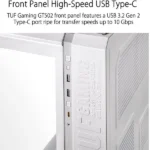 Front panel of a silver gaming pc case showing usb type-c (gen 2) port and other i/o ports for high-speed data transfer