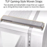 Tuf gaming-style woven strap with metal hooks draped over a white computer chassis, illustrating a weight rating up to 30 kg (66 lbs).