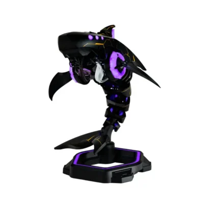 Black robotic dragon figurine with purple neon accents on a display stand