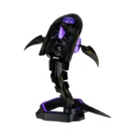 Black futuristic robot figure with purple accents mounted on a display stand in a dynamic pose.