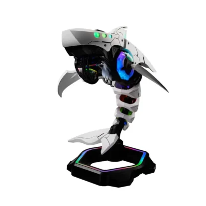 White robotic dragon model with multicolored led accents on a black display stand. This is a sci-fi robotic dragon figure with glowing lights on a stand.