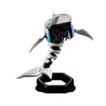 White futuristic robot with blade-like arms extended, mounted on a black base with rainbow led lighting.
