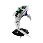 White robotic dragon toy with led-lit green, blue, and purple accents, standing on a black display base.