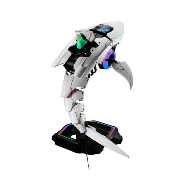 Cooler master shark x cabinet with psu & cpu cooler included white (abk-ffnn-s38l1-r1) White robotic dragon toy with led-lit green, blue, and purple accents, standing on a black display base.
