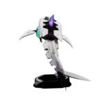 White futuristic mecha model standing on a glossy black display base with a large blade extended to the side and colorful led accents on its armor.