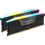 Two corsair vengeance ddr5 memory modules with rainbow rgb lighting.