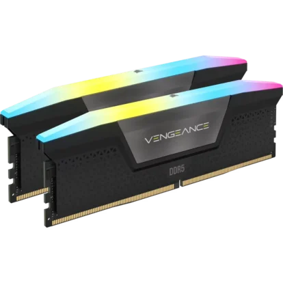 Corsair vengeance rgb ddr5 ram 128gb (2x64gb) 6400mhz desktop computer memory black (cmh128gx5m2b6400c42) Two corsair vengeance ddr5 memory modules with rainbow rgb lighting.