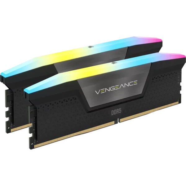Two corsair vengeance ddr5 memory modules with rainbow rgb lighting.
