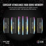 Banner showing six corsair vengeance rgb ddr5 memory modules with rainbow lighting against a dark backdrop.