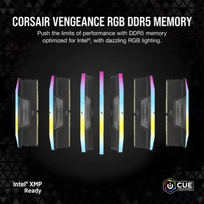 Banner showing six corsair vengeance rgb ddr5 memory modules with rainbow lighting against a dark backdrop.