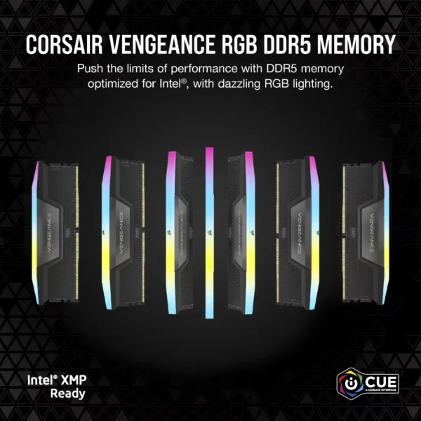 Banner showing six corsair vengeance rgb ddr5 memory modules with rainbow lighting against a dark backdrop.