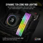 Pc interior showing rgb-lit memory sticks and a circular cpu cooler; promotes dynamic ten-zone rgb lighting (icue branding visible).