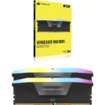 Corsair vengeance rgb ddr5 memory kit with yellow packaging and two rgb-lit memory modules.
