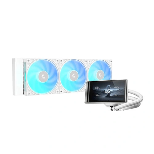 Deepcool lt360 vision wh argb cpu liquid cooler with lcd display (r-lt360vision-whammc-g-1) Three‑fan rgb liquid cpu cooler with an integrated display/pump block for a pc cooling setup