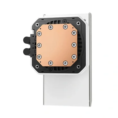 Copper CPU water block with a screw-fastened copper plate mounted on a white cooling bracket.