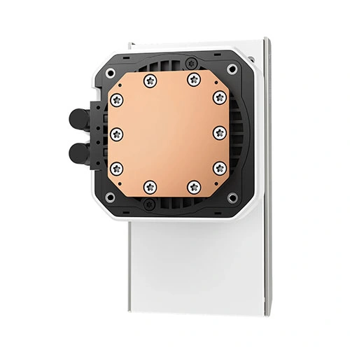 Deepcool lt360 vision wh argb cpu liquid cooler with lcd display (r-lt360vision-whammc-g-1) Copper cpu water block with a screw-fastened copper plate mounted on a white cooling bracket.