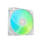 Rgb-enabled computer cooling fan with a square white frame and iridescent blades emitting rainbow light