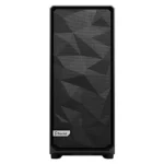 Black fractal computer case with a geometric-pattern front panel, shown from the front.