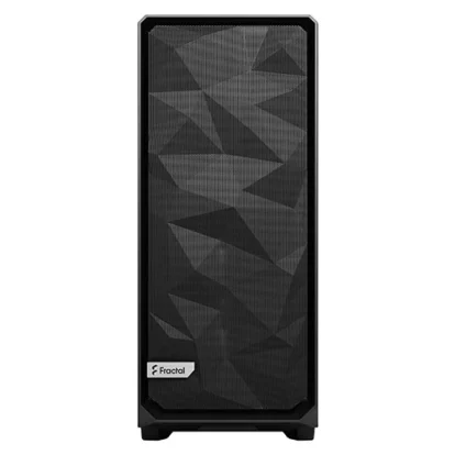 Black fractal computer case with a geometric-pattern front panel, shown from the front.