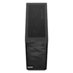 Black mid-tower pc case with mesh front panel and front i/o ports visible at the top edge of the case.