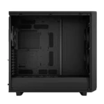 Black mid-tower pc case with the side panel removed, revealing an empty interior with a motherboard tray and drive bays still unused in front.
