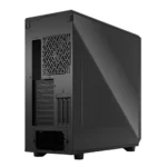 Black mid-tower computer case seen from the rear-left, showing expansion slots, a rear exhaust fan, and a bottom psu bay.