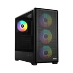 Black mid-tower pc case with three front rgb fans and a side-panel window showcasing internal components (aura branding).