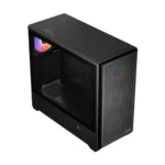 Black mid-tower pc case with a perforated front panel and an rgb-lit cooling fan visible through the open side, showing an empty interior.