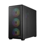 Black mid-tower pc case with three front rgb fans visible through a perforated panel and subtle side ventilation panel.