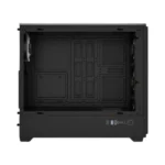 Black mid-tower pc case with side panel removed, showcasing an empty interior and cable routing area near the front panel.