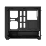 Black mid‑tower pc chassis interior with motherboard tray, drive bays, and expansion slots (case shown without side panels).