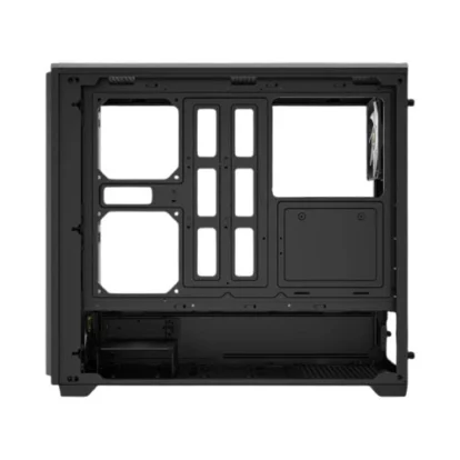 Black mid‑tower pc chassis interior with motherboard tray, drive bays, and expansion slots (case shown without side panels).
