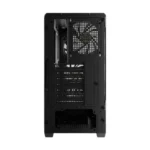 Black mid-tower pc case shown from the rear, exposing expansion slots, i/o shield area, and a large rear cooling fan