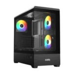 Black mid-tower pc case with a tempered glass side panel and three rgb-lit cooling fans inside (aura branding).