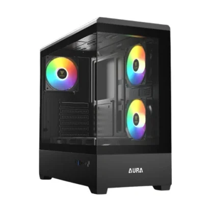 Black mid-tower pc case with a tempered glass side panel and three rgb-lit cooling fans inside (aura branding).