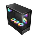 Black mid-tower pc case with a glass side panel and rgb-lit cooling fans visible inside.