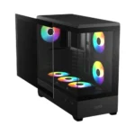 Black mid-tower pc case with transparent side panels and four rainbow rgb fans visible inside.
