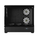 Black mid-tower pc case with the side panel removed, showing two large cooling fans on the right and empty drive bays inside