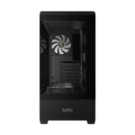 Black aura mid-tower pc case with a visible interior, large rear exhaust fan, and front-panel logo.
