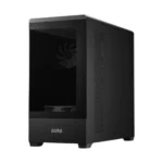 Black mid-tower pc case with a transparent side panel and a visible rear fan, labeled 'aura' on the front.