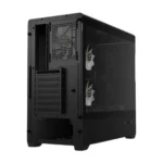Black mid-tower pc case with a transparent side panel, showing two front-mounted cooling fans and empty drive bays inside.